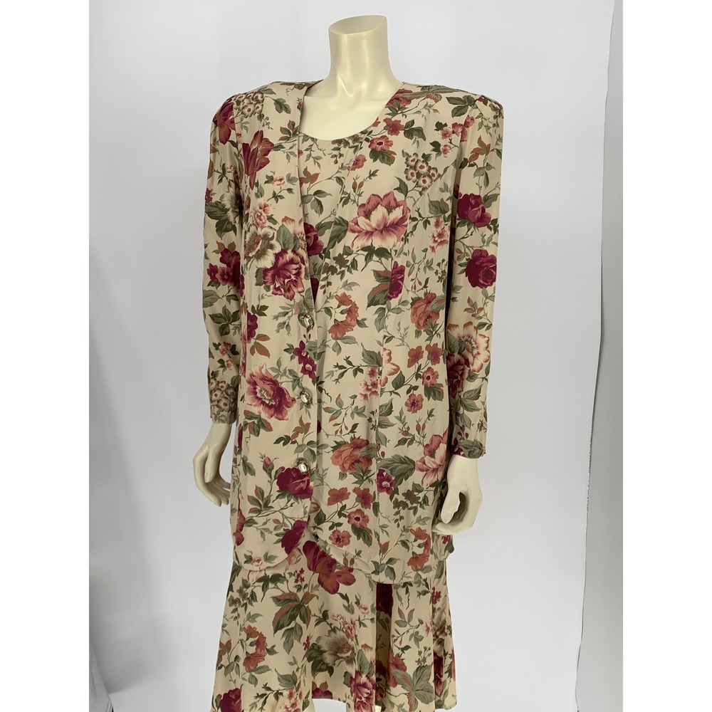 Robert Too! Vintage Floral 3 Piece Skirt Suit Set Tan Pink 16W Womens 90s Retro